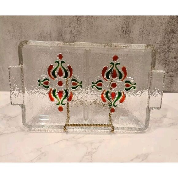 Alle Schönheit Walther Glass Serving Tray Clear Red/Green Floral WGermany Retro - Picture 1 of 8
